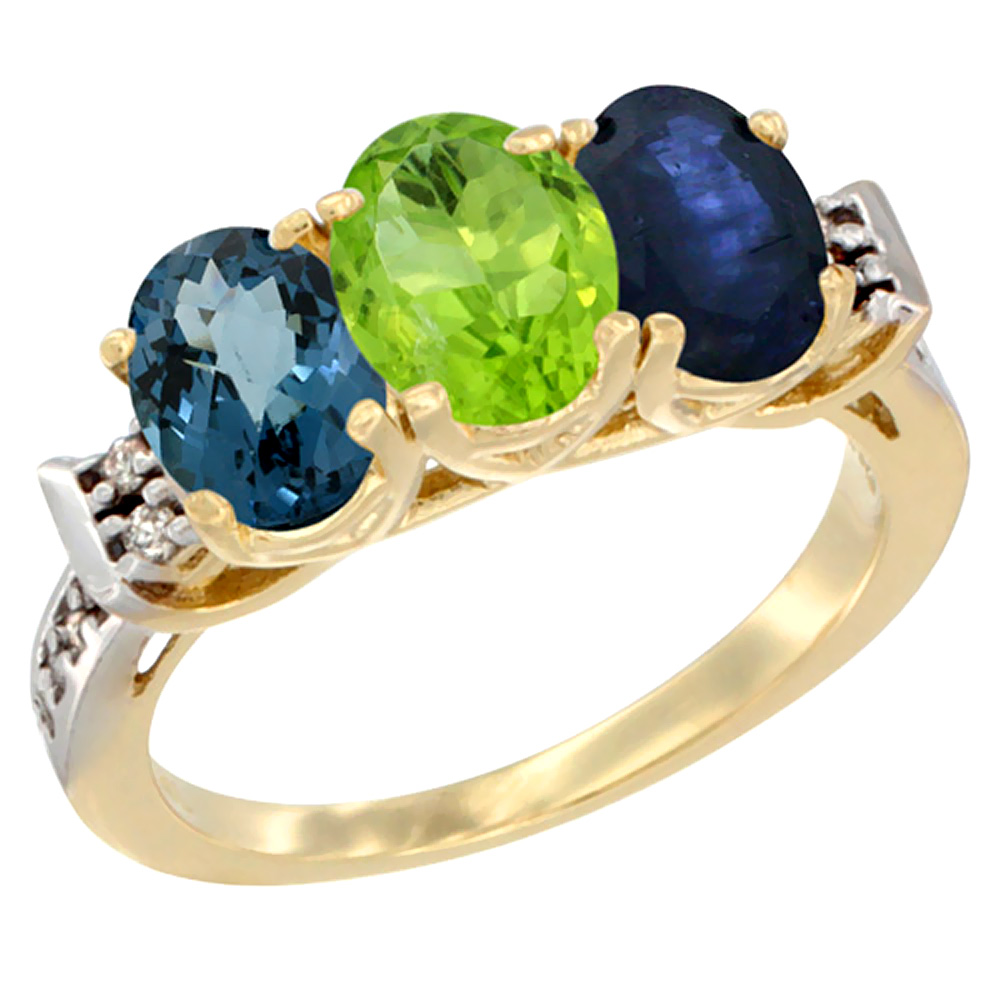 14K Yellow Gold Natural London Blue Topaz, Peridot & Blue Sapphire Ring 3-Stone 7x5 mm Oval Diamond Accent, sizes 5 - 10