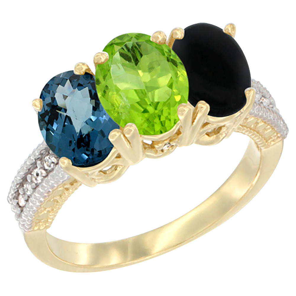 10K Yellow Gold Diamond Natural London Blue Topaz, Peridot & Black Onyx Ring 3-Stone Oval 7x5 mm, sizes 5 - 10