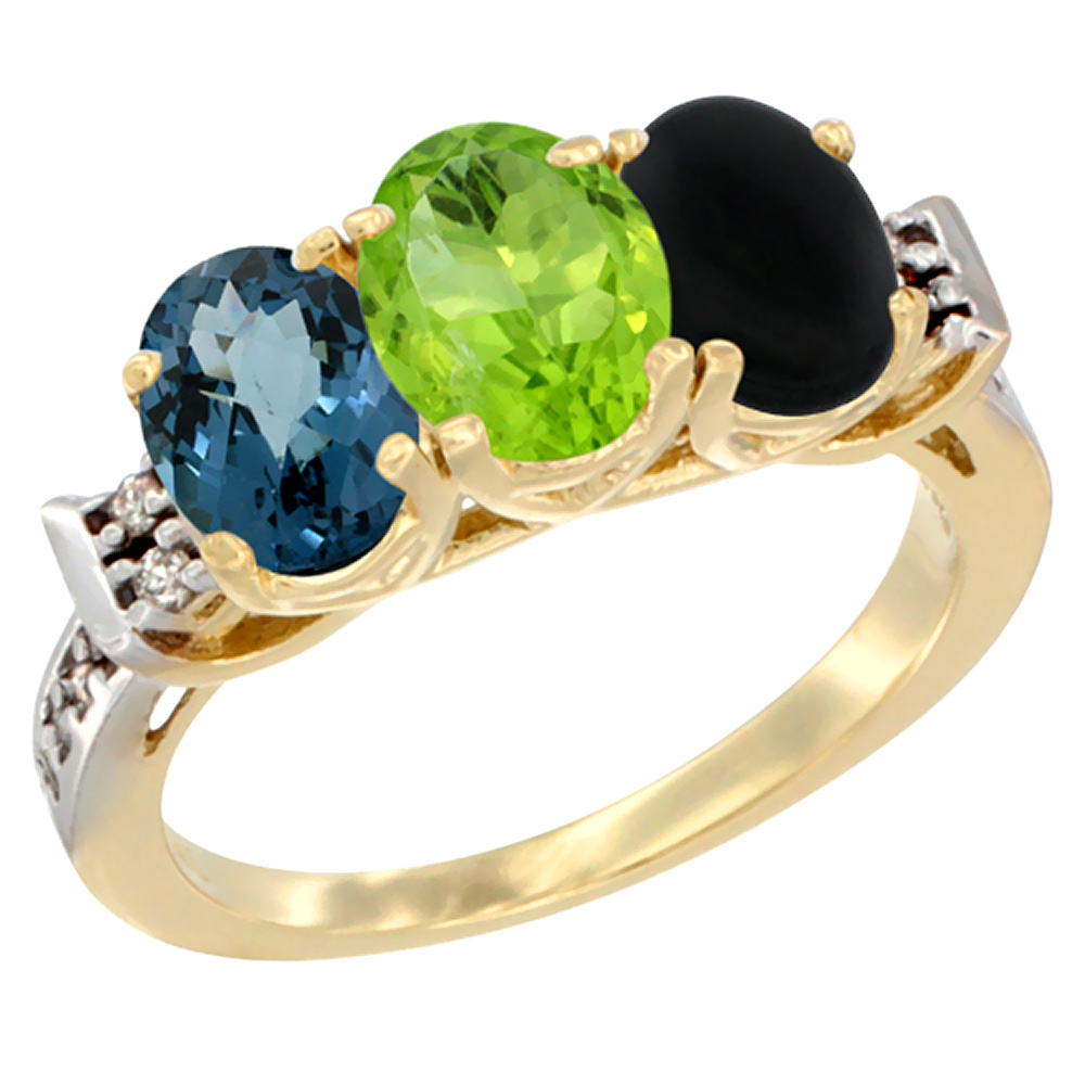 14K Yellow Gold Natural London Blue Topaz, Peridot & Black Onyx Ring 3-Stone 7x5 mm Oval Diamond Accent, sizes 5 - 10