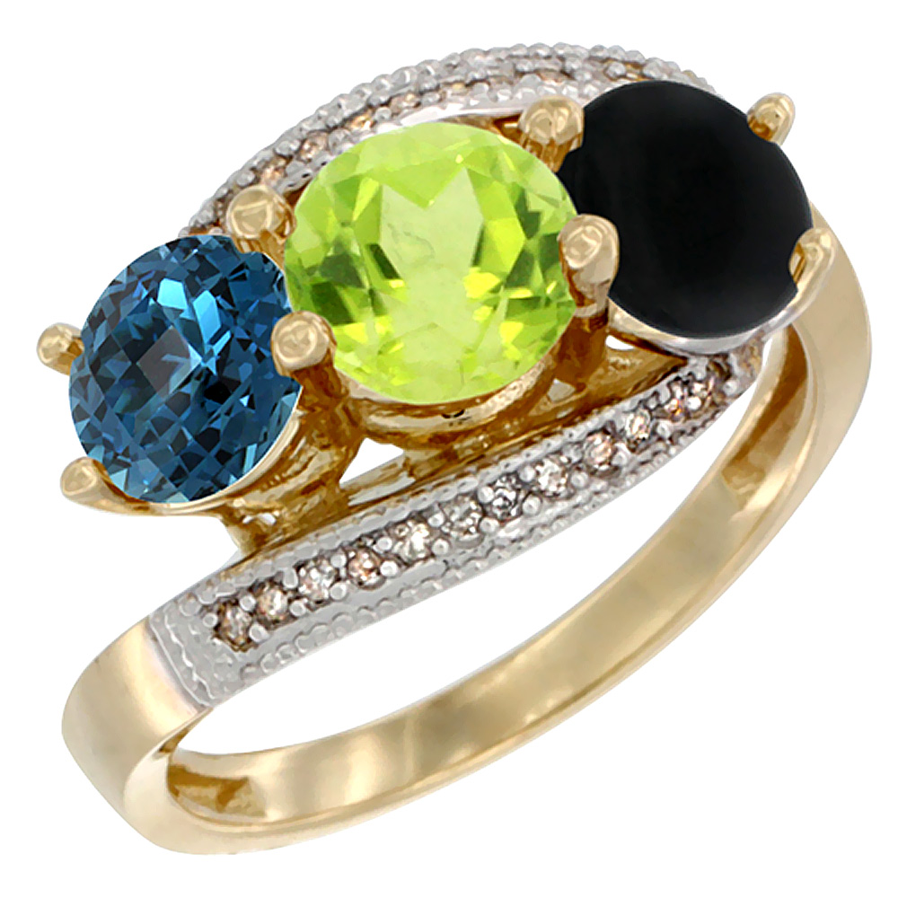 10K Yellow Gold Natural London Blue Topaz, Peridot & Black Onyx 3 stone Ring Round 6mm Diamond Accent, sizes 5 - 10