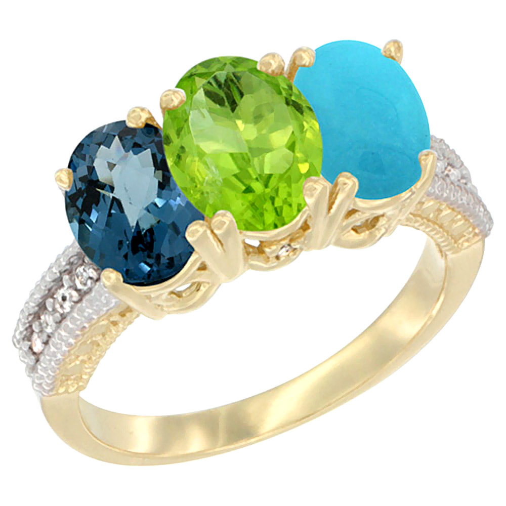 14K Yellow Gold Natural London Blue Topaz, Peridot & Turquoise Ring 3-Stone 7x5 mm Oval Diamond Accent, sizes 5 - 10