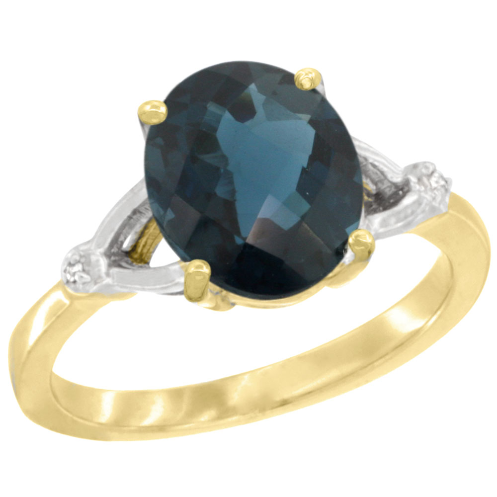 10K Yellow Gold Diamond Natural London Blue Topaz Engagement Ring Oval 10x8mm, sizes 5-10