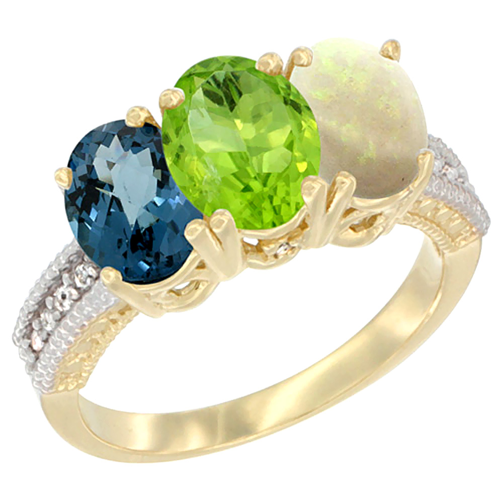 14K Yellow Gold Natural London Blue Topaz, Peridot & Opal Ring 3-Stone 7x5 mm Oval Diamond Accent, sizes 5 - 10