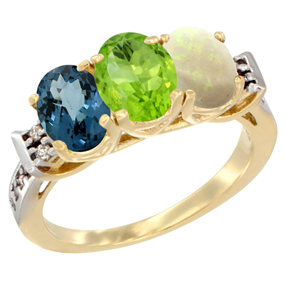 14K Yellow Gold Natural London Blue Topaz, Peridot & Opal Ring 3-Stone 7x5 mm Oval Diamond Accent, sizes 5 - 10