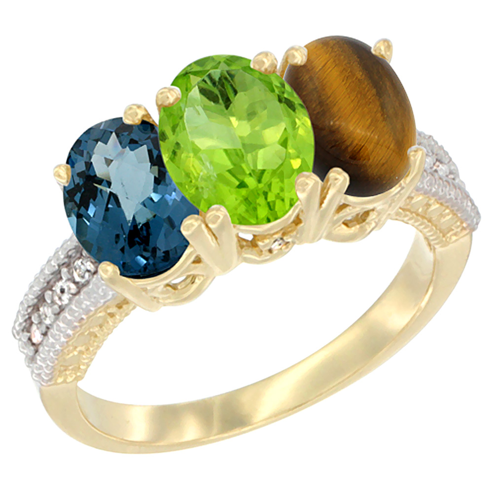 14K Yellow Gold Natural London Blue Topaz, Peridot & Tiger Eye Ring 3-Stone 7x5 mm Oval Diamond Accent, sizes 5 - 10