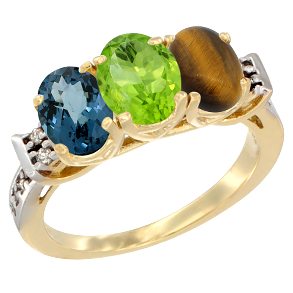 14K Yellow Gold Natural London Blue Topaz, Peridot & Tiger Eye Ring 3-Stone 7x5 mm Oval Diamond Accent, sizes 5 - 10