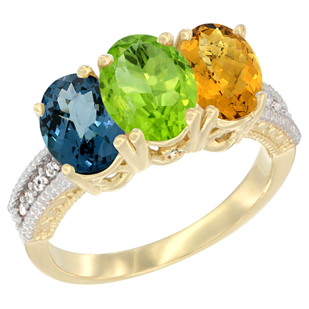 10K Yellow Gold Diamond Natural London Blue Topaz, Peridot & Whisky Quartz Ring 3-Stone Oval 7x5 mm, sizes 5 - 10