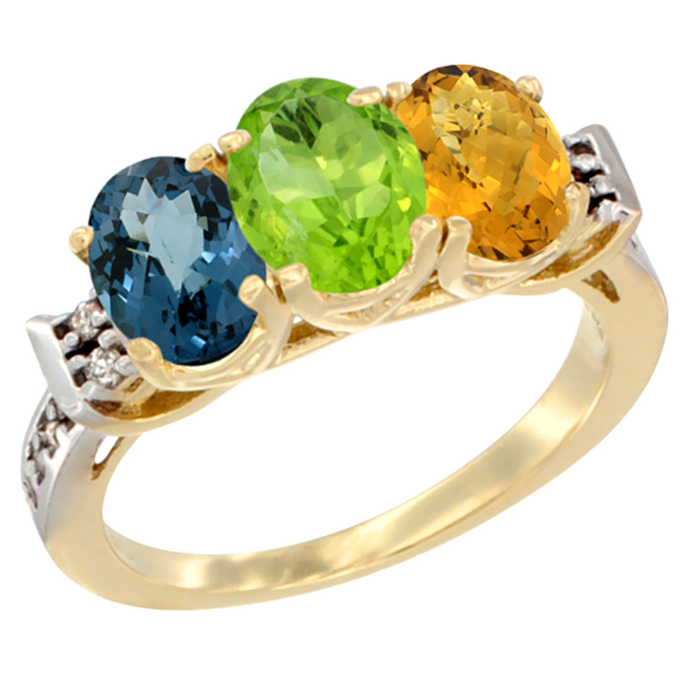 10K Yellow Gold Natural London Blue Topaz, Peridot & Whisky Quartz Ring 3-Stone Oval 7x5 mm Diamond Accent, sizes 5 - 10