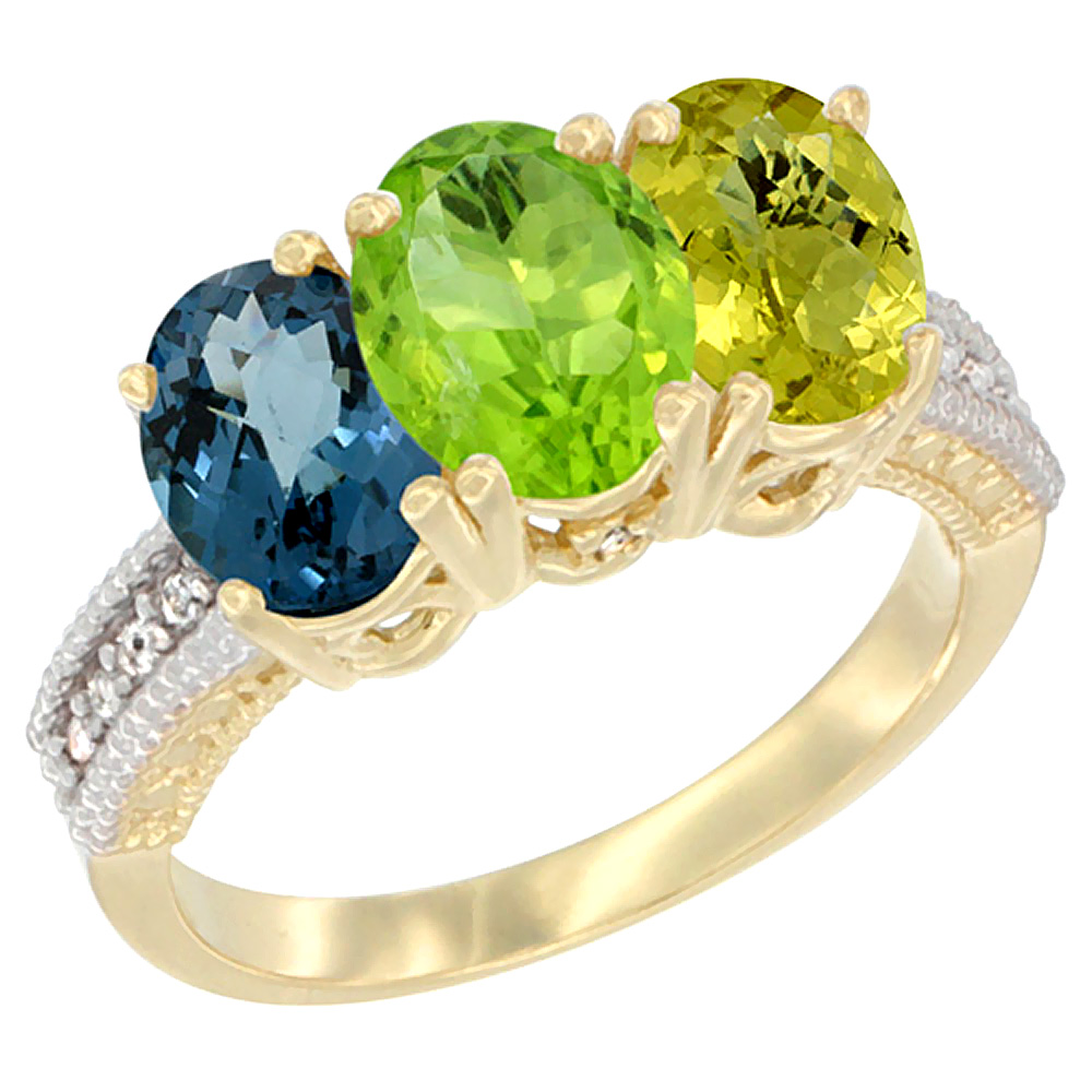 14K Yellow Gold Natural London Blue Topaz, Peridot & Lemon Quartz Ring 3-Stone 7x5 mm Oval Diamond Accent, sizes 5 - 10