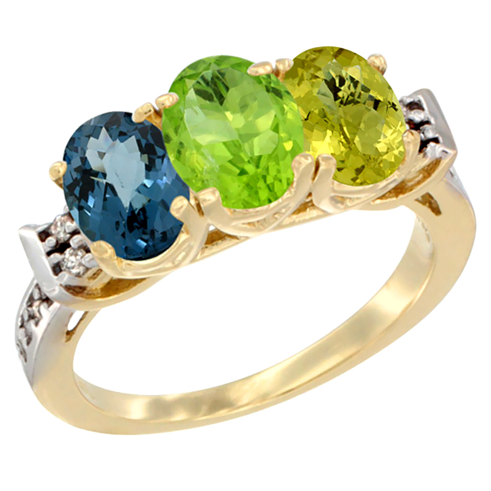 10K Yellow Gold Natural London Blue Topaz, Peridot &amp; Lemon Quartz Ring 3-Stone Oval 7x5 mm Diamond Accent, sizes 5 - 10