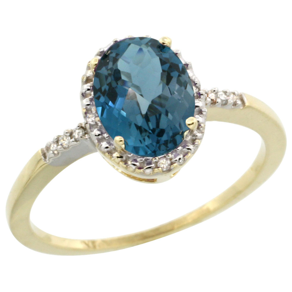 14K Yellow Gold Diamond Natural London Blue Topaz Ring Oval 8x6mm, sizes 5-10