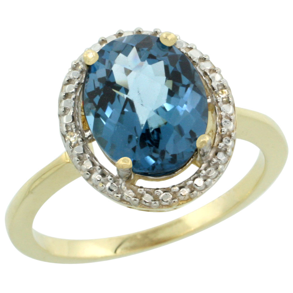 10K Yellow Gold Diamond Natural London Blue Topaz Engagement Ring Oval 10x8mm, sizes 5-10