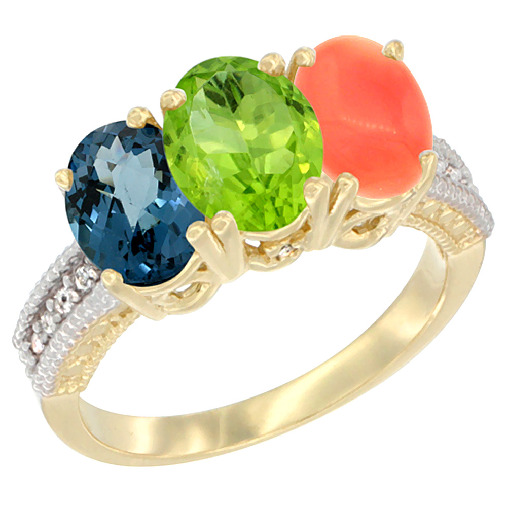 10K Yellow Gold Diamond Natural London Blue Topaz, Peridot & Coral Ring 3-Stone Oval 7x5 mm, sizes 5 - 10