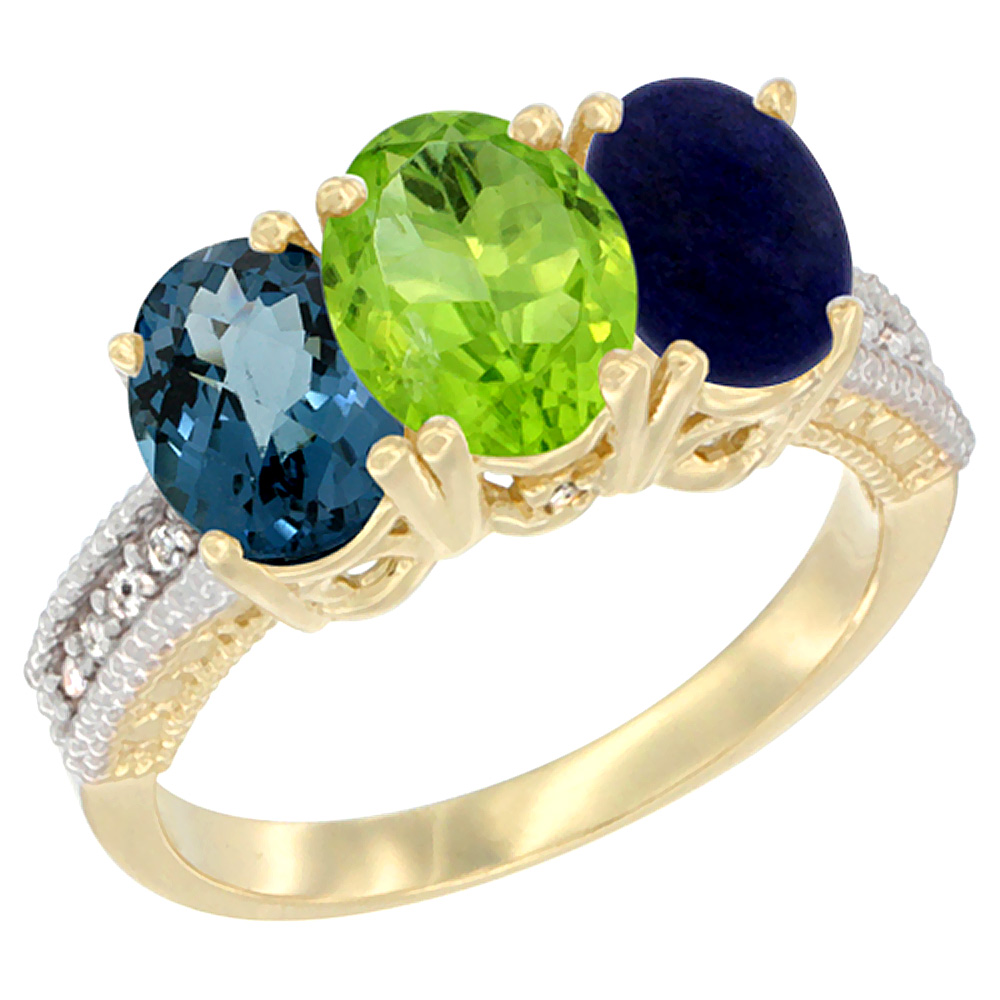 10K Yellow Gold Diamond Natural London Blue Topaz, Peridot & Lapis Ring 3-Stone Oval 7x5 mm, sizes 5 - 10