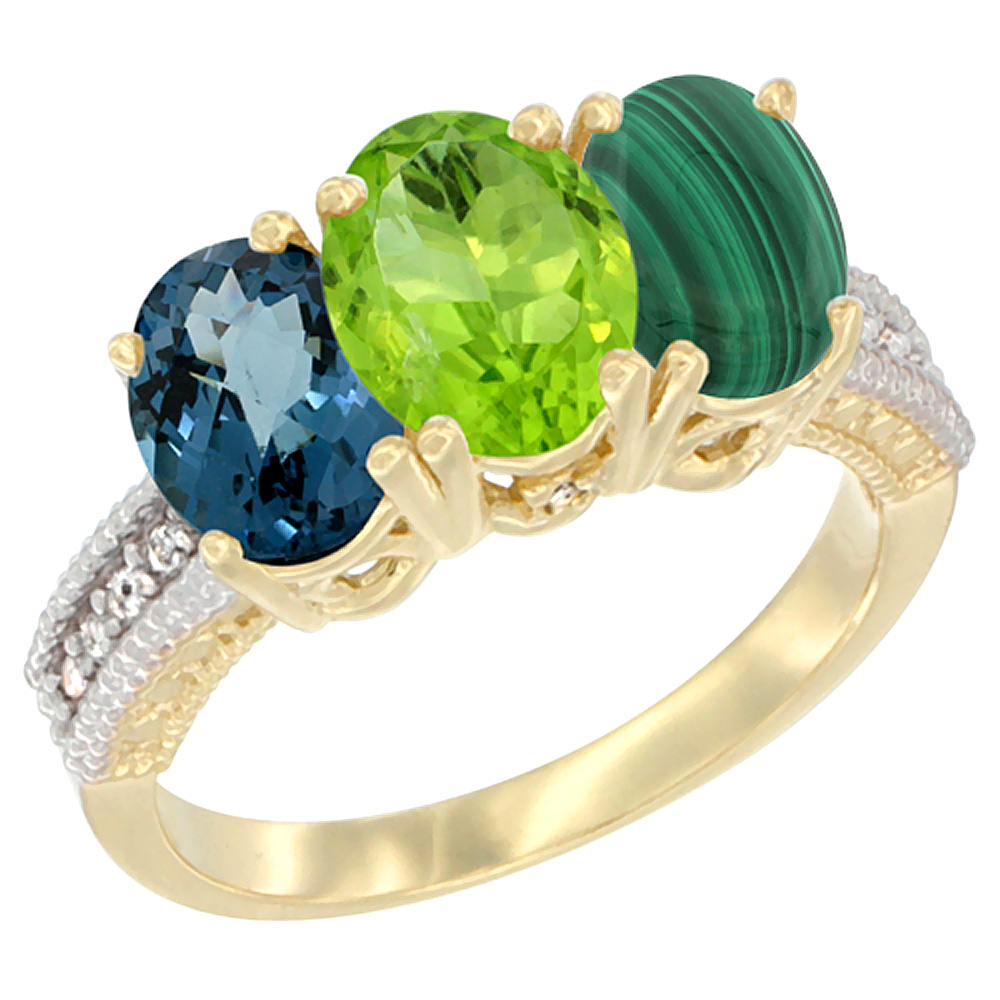 14K Yellow Gold Natural London Blue Topaz, Peridot & Malachite Ring 3-Stone 7x5 mm Oval Diamond Accent, sizes 5 - 10