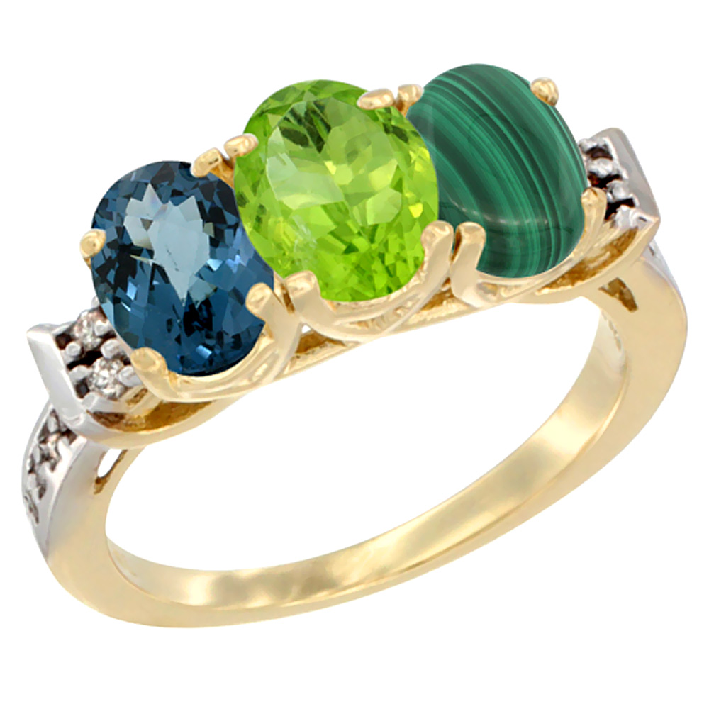 10K Yellow Gold Natural London Blue Topaz, Peridot & Malachite Ring 3-Stone Oval 7x5 mm Diamond Accent, sizes 5 - 10