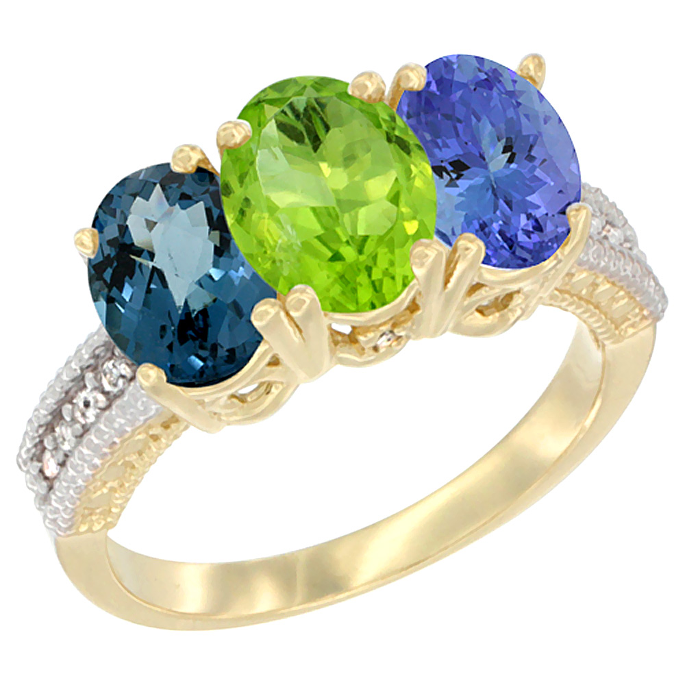 14K Yellow Gold Natural London Blue Topaz, Peridot & Tanzanite Ring 3-Stone 7x5 mm Oval Diamond Accent, sizes 5 - 10