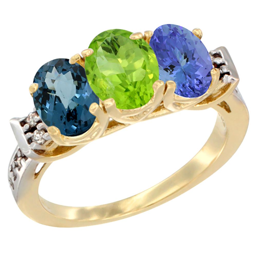 10K Yellow Gold Natural London Blue Topaz, Peridot & Tanzanite Ring 3-Stone Oval 7x5 mm Diamond Accent, sizes 5 - 10