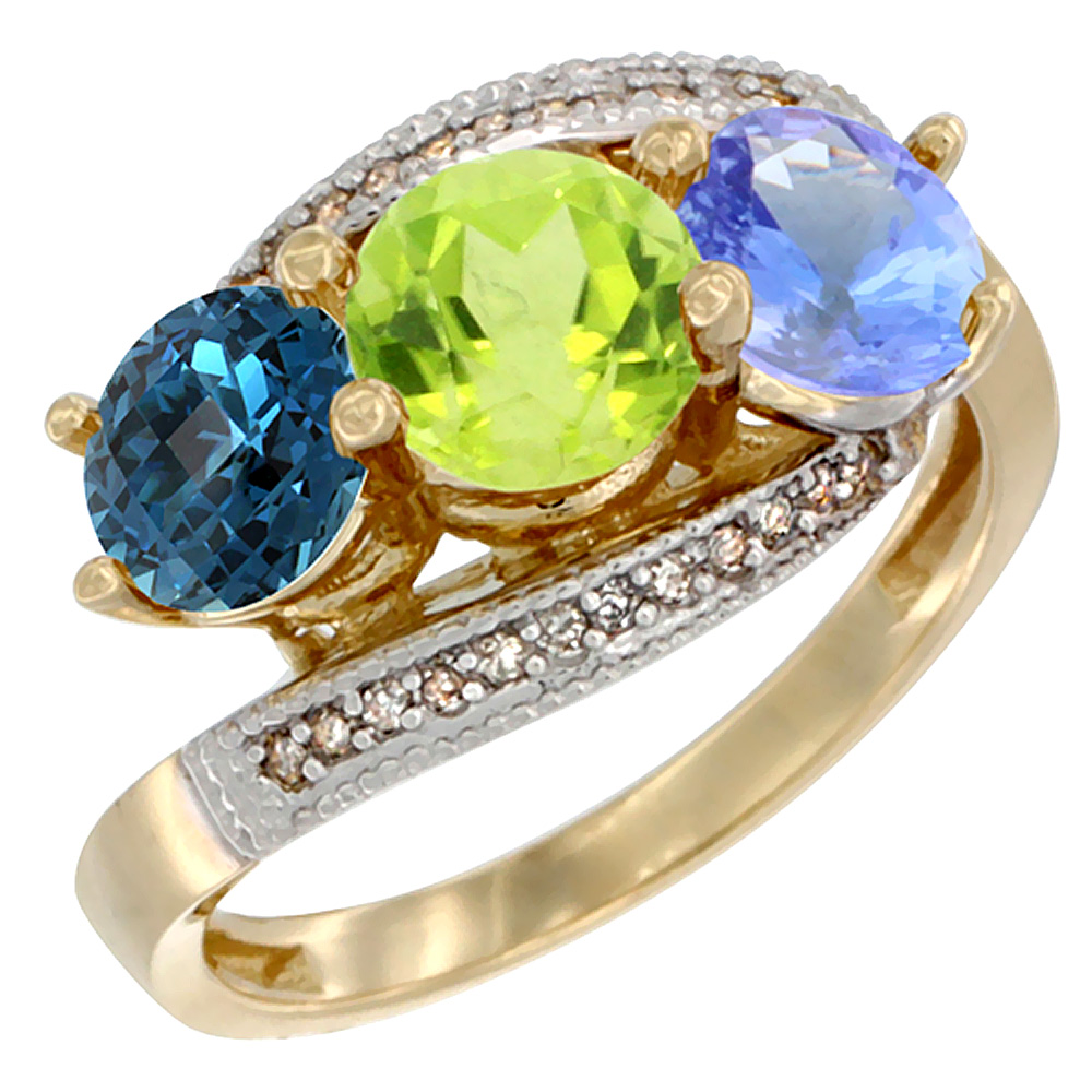 10K Yellow Gold Natural London Blue Topaz, Peridot & Tanzanite 3 stone Ring Round 6mm Diamond Accent, sizes 5 - 10