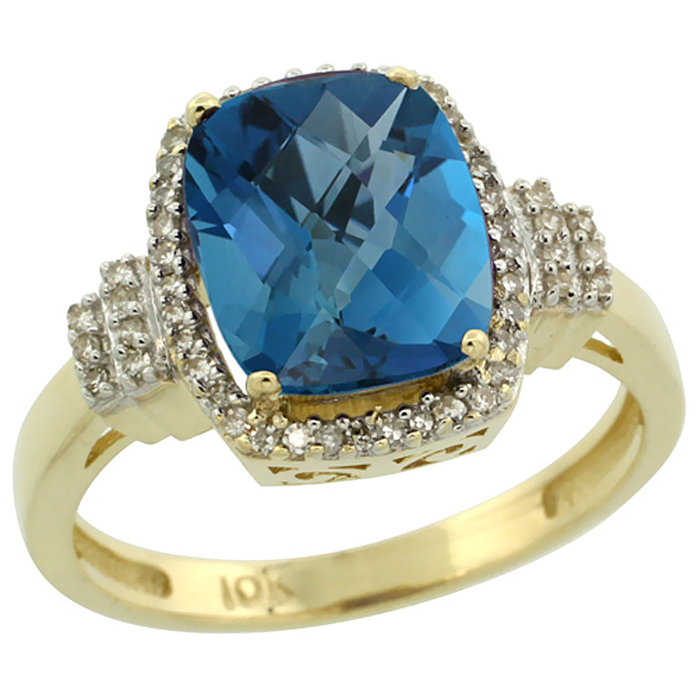 14K Yellow Gold Natural London Blue Topaz Ring Cushion-cut 9x7mm Diamond Halo, sizes 5-10