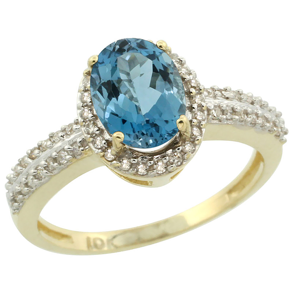 14K Yellow Gold Natural London Blue Topaz Ring Oval 8x6mm Diamond Halo, sizes 5-10
