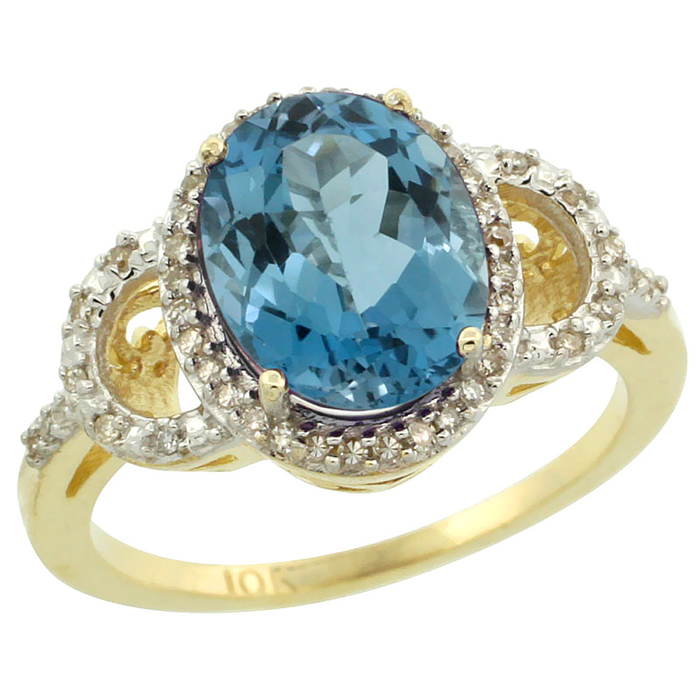 10K Yellow Gold Diamond Natural London Blue Topaz Engagement Ring Oval 10x8mm, sizes 5-10