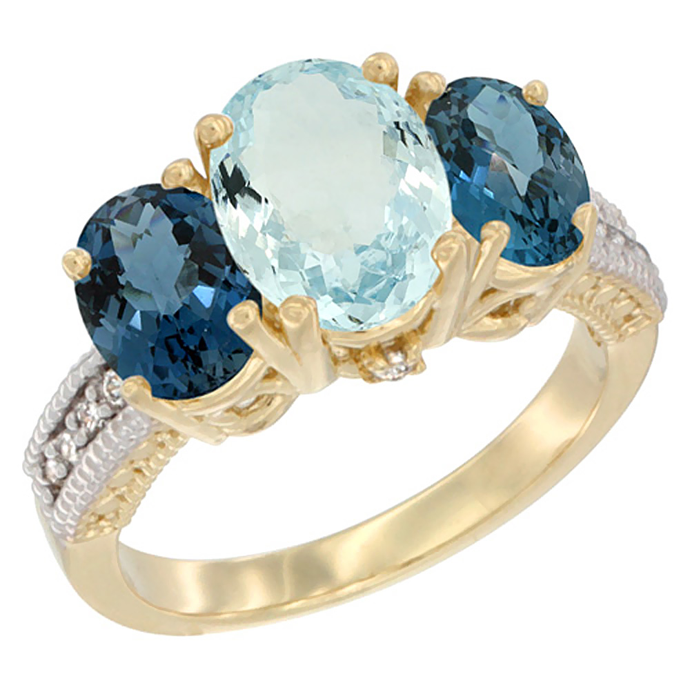 14K Yellow Gold Diamond Natural Aquamarine Ring 3-Stone Oval 8x6mm with London Blue Topaz, sizes5-10