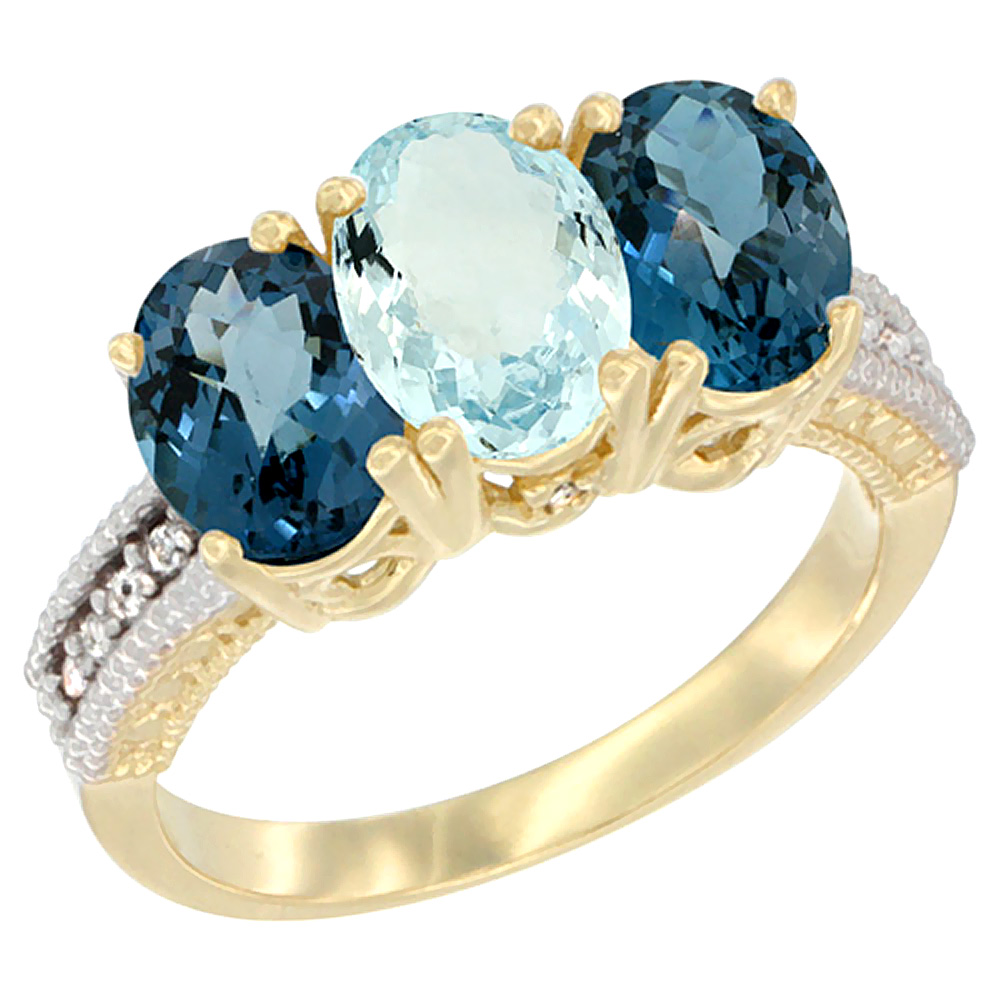 14K Yellow Gold Natural Aquamarine & London Blue Topaz Sides Ring 3-Stone 7x5 mm Oval Diamond Accent, sizes 5 - 10