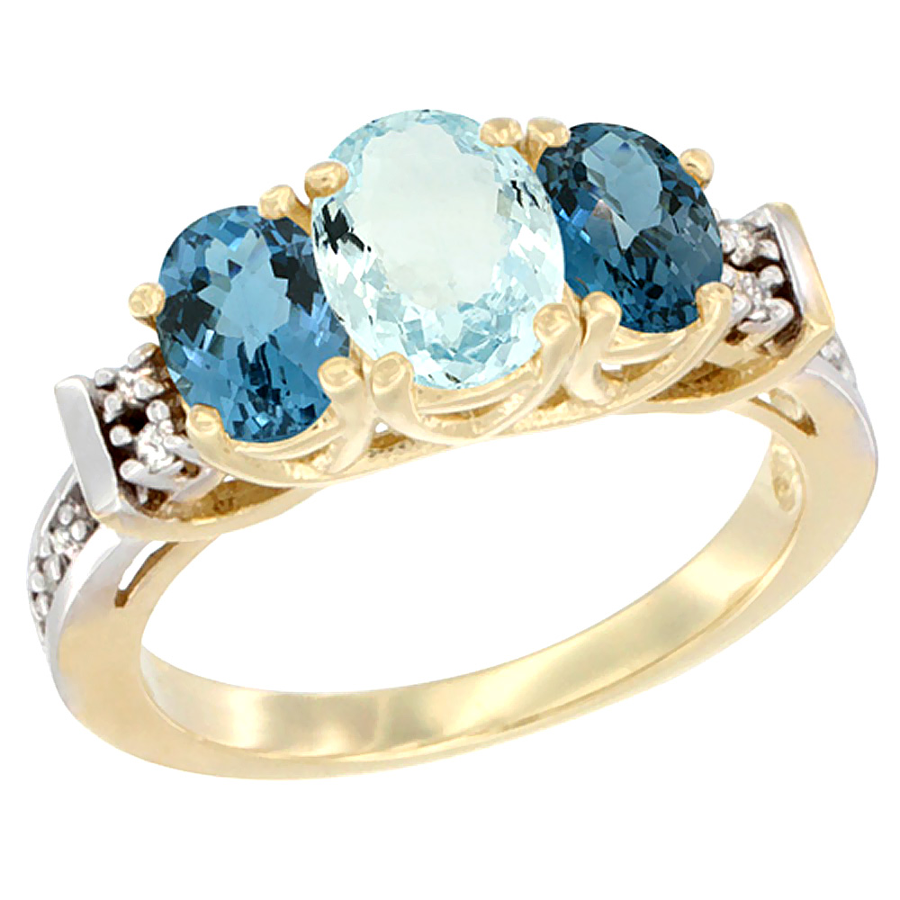 14K Yellow Gold Natural Aquamarine & London Blue Ring 3-Stone Oval Diamond Accent