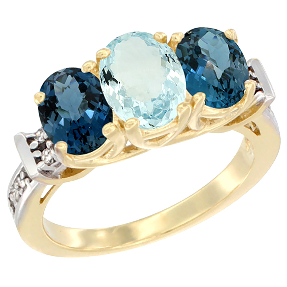 14K Yellow Gold Natural Aquamarine &amp; London Blue Topaz Sides Ring 3-Stone Oval Diamond Accent, sizes 5 - 10
