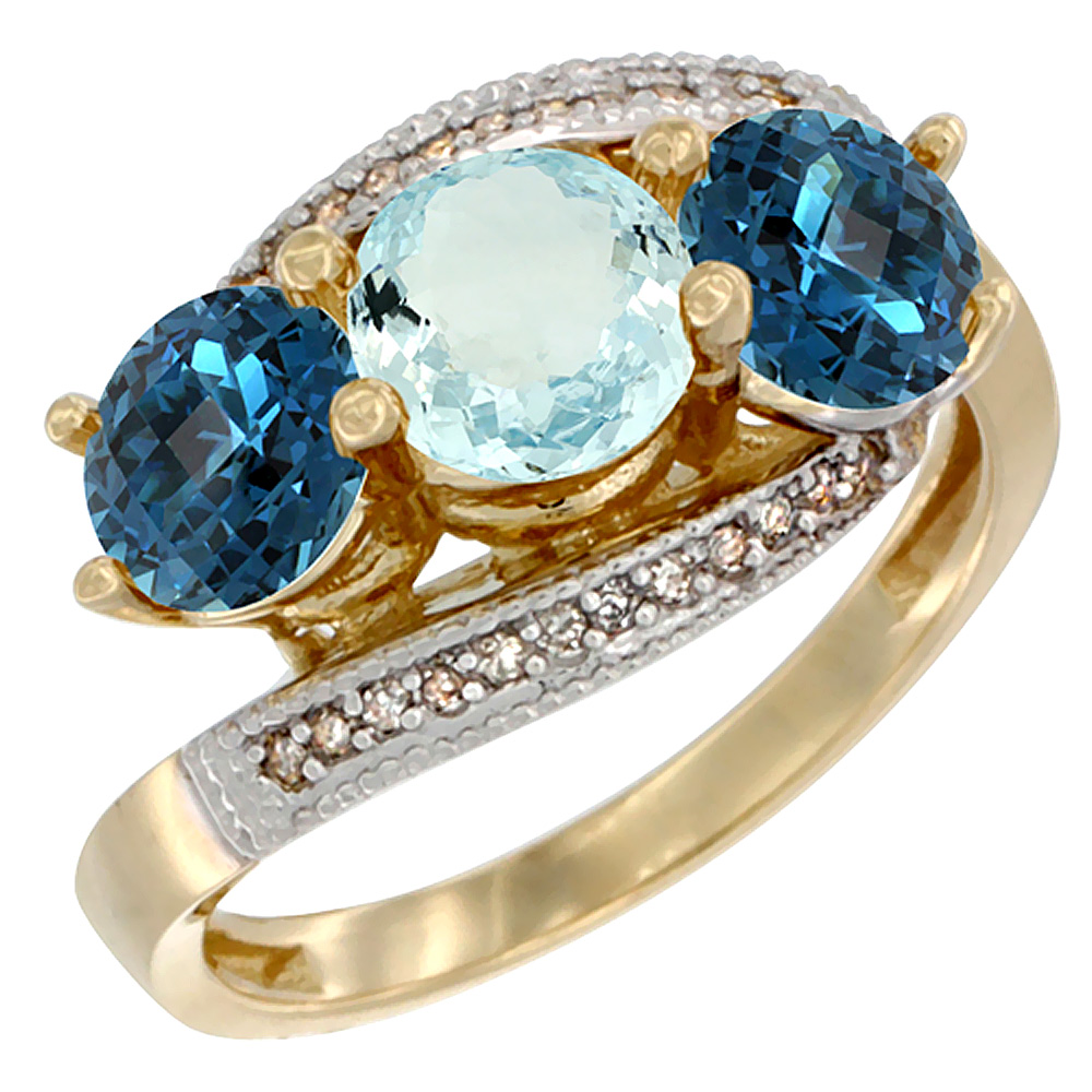 14K Yellow Gold Natural Aquamarine &amp; London Blue Topaz Sides 3 stone Ring Round 6mm Diamond Accent, sizes 5 - 10