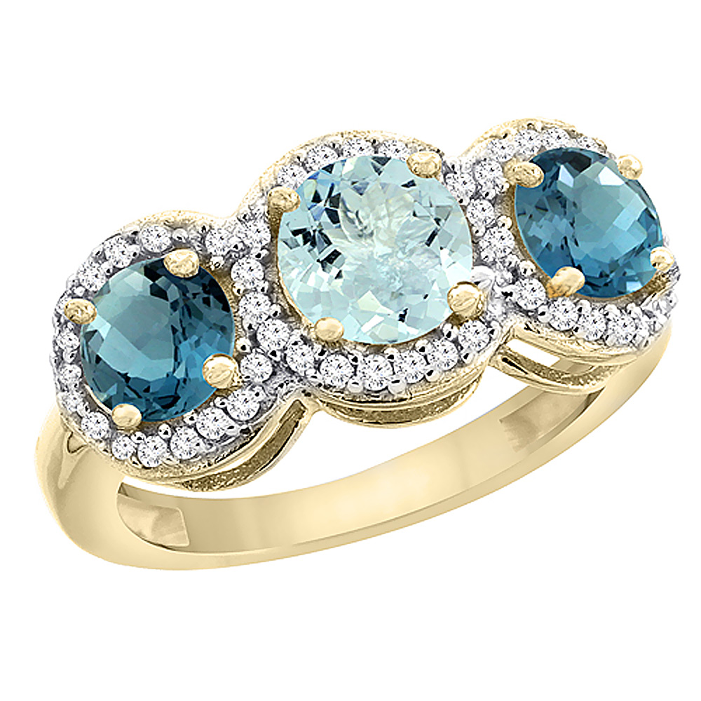 14K Yellow Gold Natural Aquamarine &amp; London Blue Topaz Sides Round 3-stone Ring Diamond Accents, sizes 5 - 10