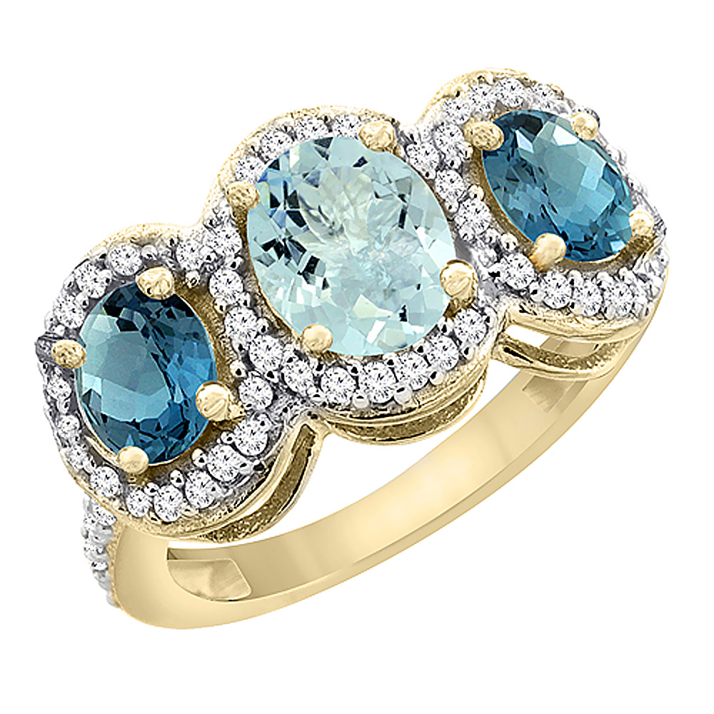 14K Yellow Gold Natural Aquamarine & London Blue Topaz 3-Stone Ring Oval Diamond Accent, sizes 5 - 10