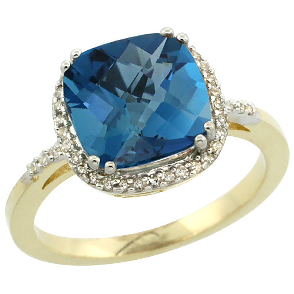 14K Yellow Gold Diamond Natural London Blue Topaz Ring Cushion-cut 9x9mm, sizes 5-10