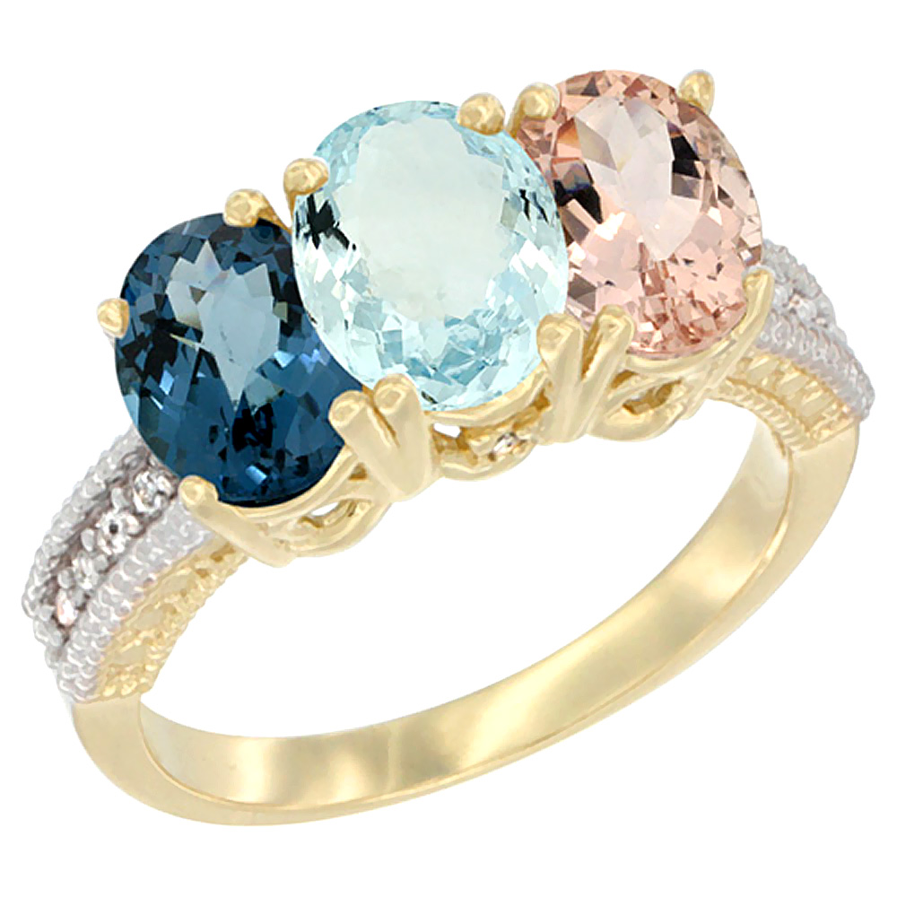 14K Yellow Gold Natural London Blue Topaz, Aquamarine &amp; Morganite Ring 3-Stone 7x5 mm Oval Diamond Accent, sizes 5 - 10