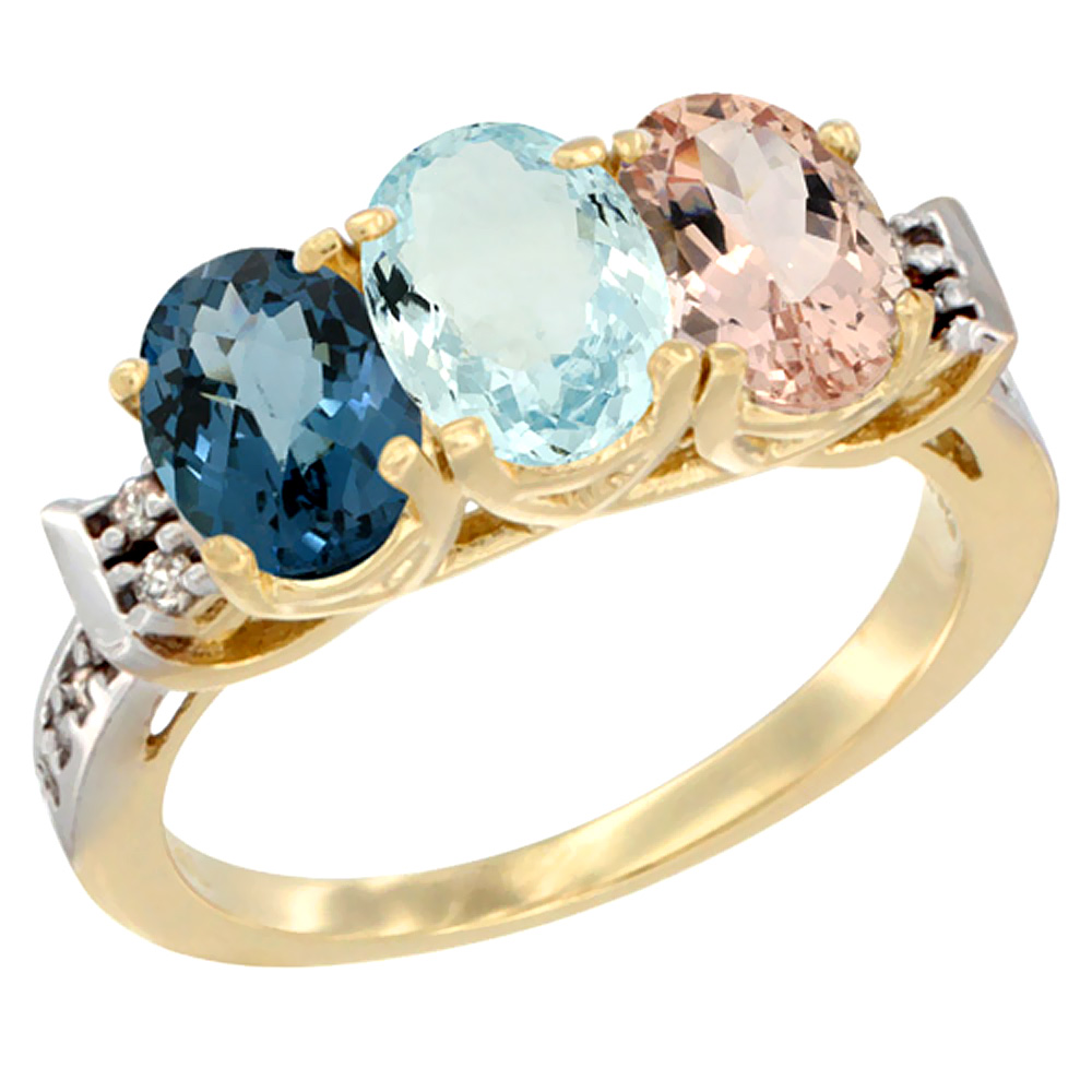 14K Yellow Gold Natural London Blue Topaz, Aquamarine &amp; Morganite Ring 3-Stone 7x5 mm Oval Diamond Accent, sizes 5 - 10