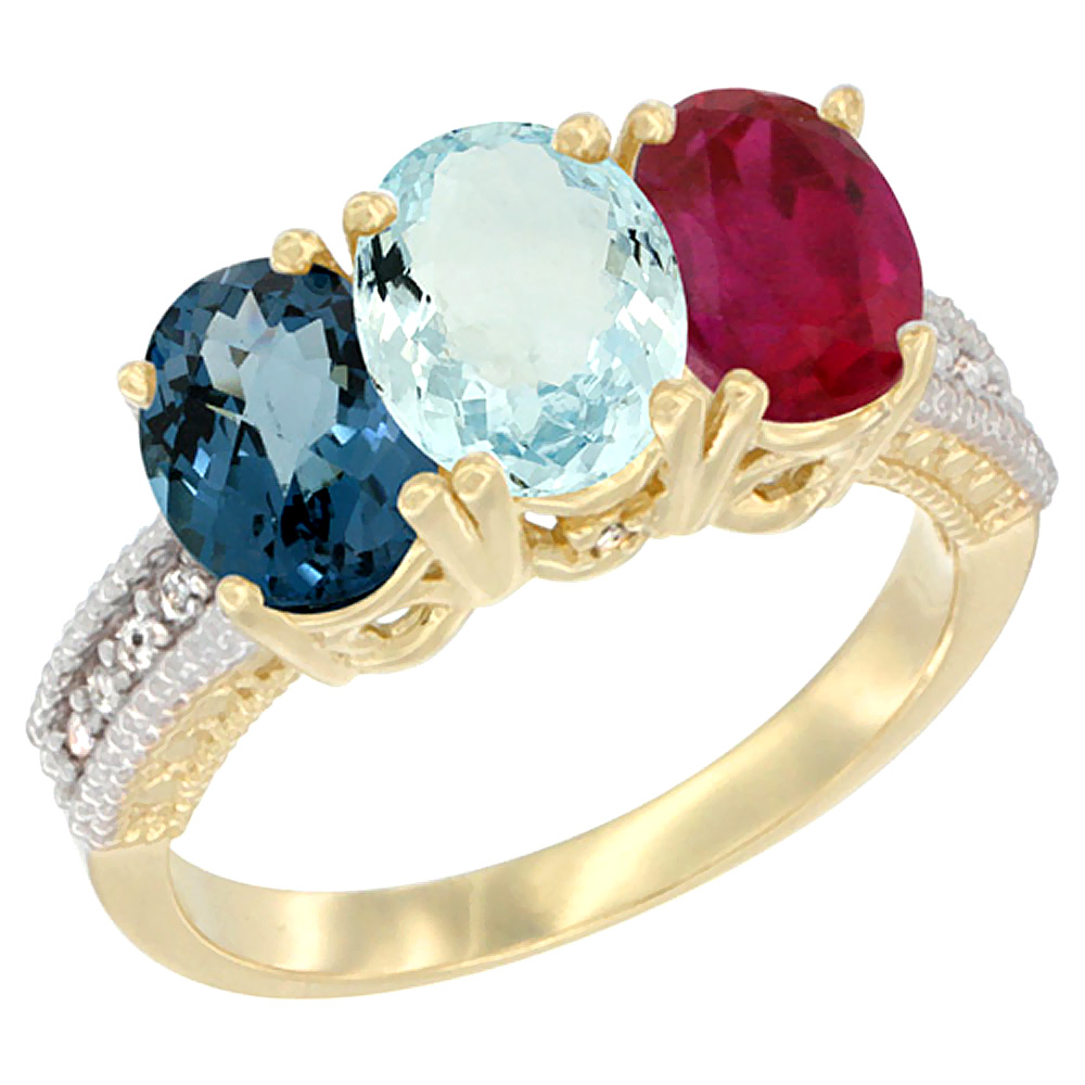 14K Yellow Gold Natural London Blue Topaz, Aquamarine & Enhanced Ruby Ring 3-Stone 7x5 mm Oval Diamond Accent, sizes 5 - 10