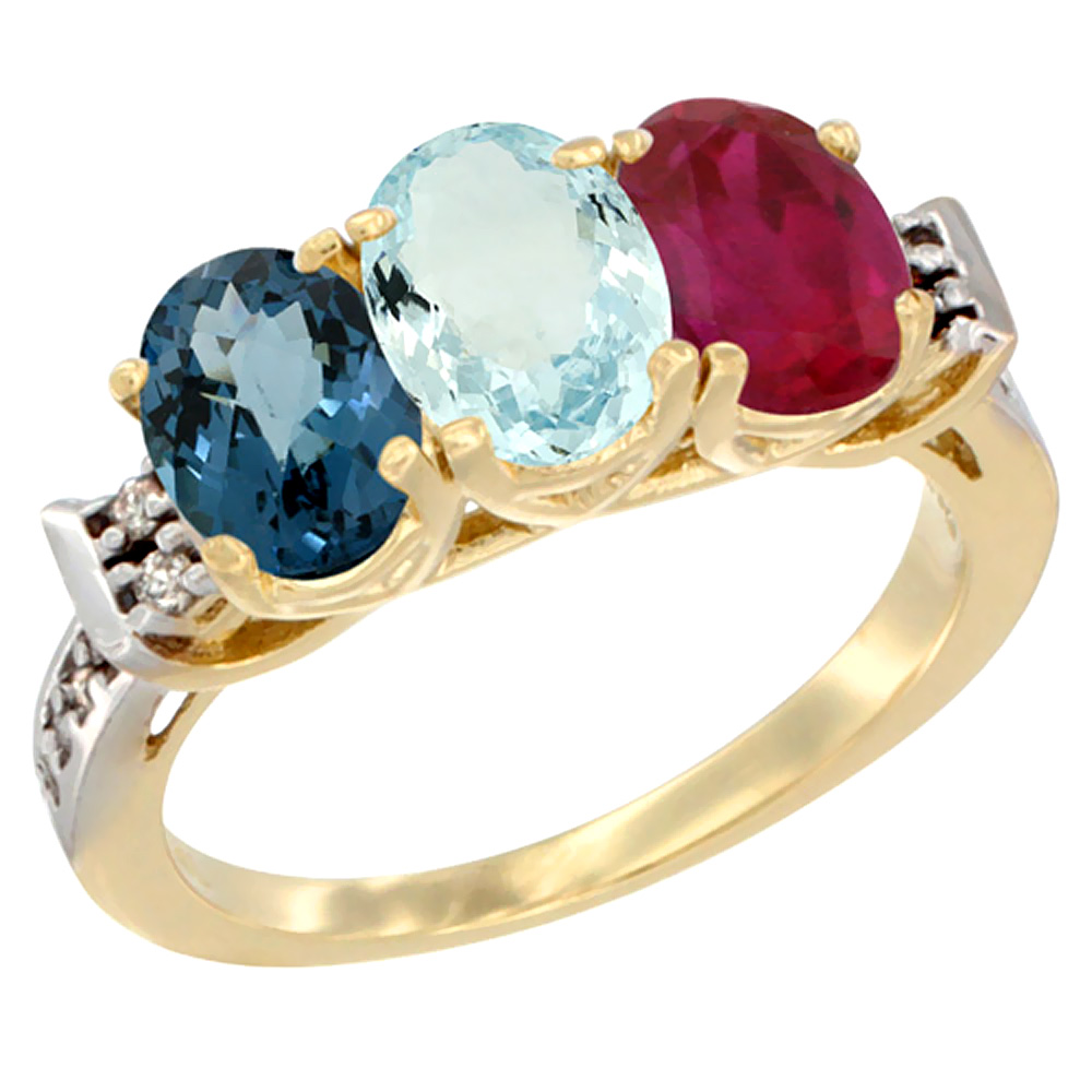 14K Yellow Gold Natural London Blue Topaz, Aquamarine & Enhanced Ruby Ring 3-Stone 7x5 mm Oval Diamond Accent, sizes 5 - 10