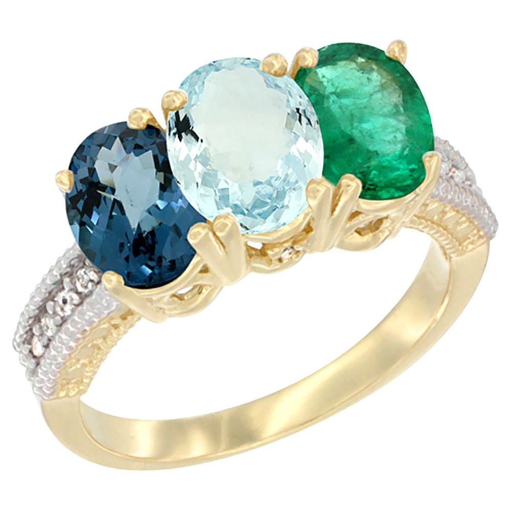 14K Yellow Gold Natural London Blue Topaz, Aquamarine & Emerald Ring 3-Stone 7x5 mm Oval Diamond Accent, sizes 5 - 10