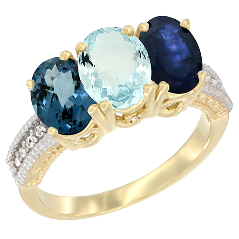 14K Yellow Gold Natural London Blue Topaz, Aquamarine & Blue Sapphire Ring 3-Stone 7x5 mm Oval Diamond Accent, sizes 5 - 10