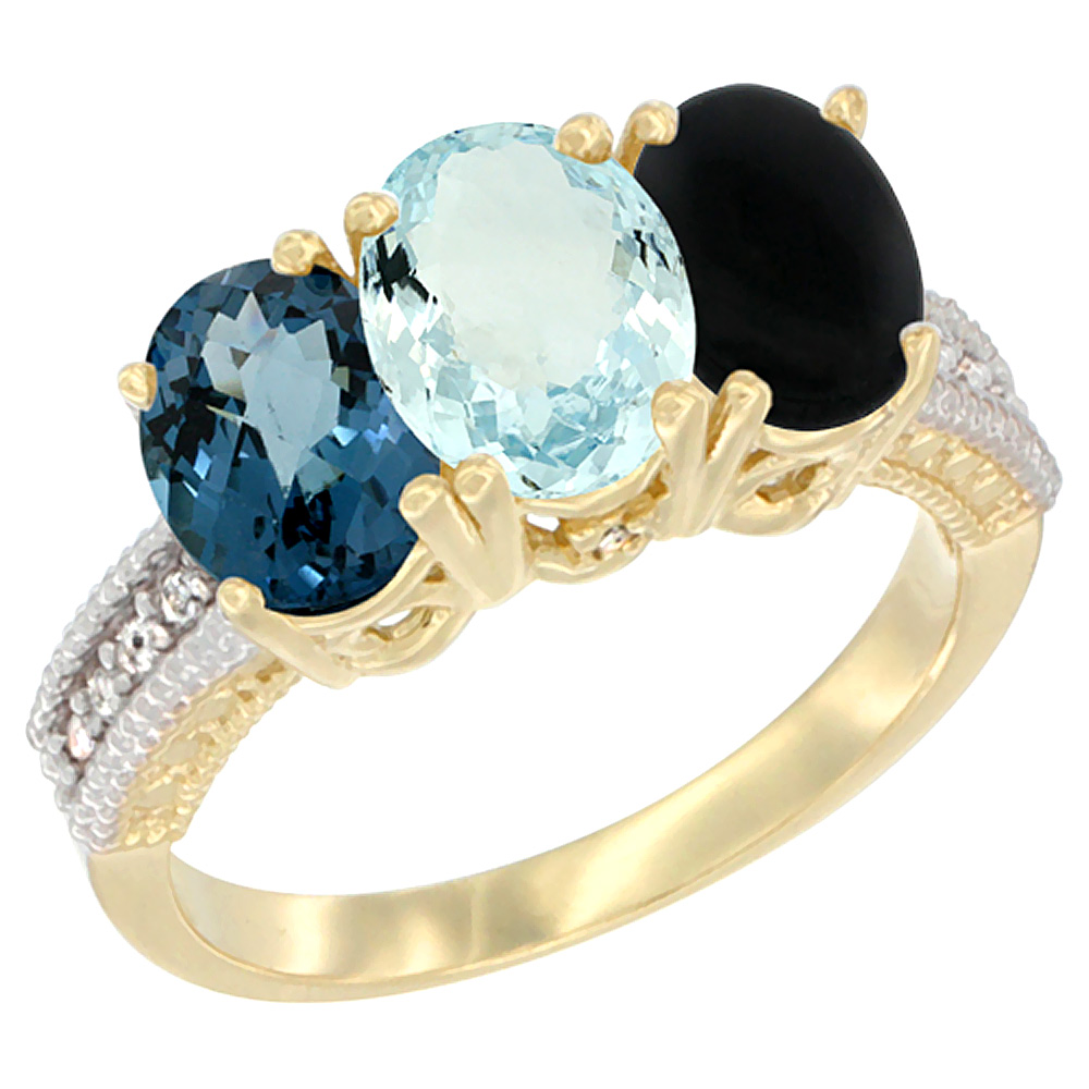 14K Yellow Gold Natural London Blue Topaz, Aquamarine & Black Onyx Ring 3-Stone 7x5 mm Oval Diamond Accent, sizes 5 - 10