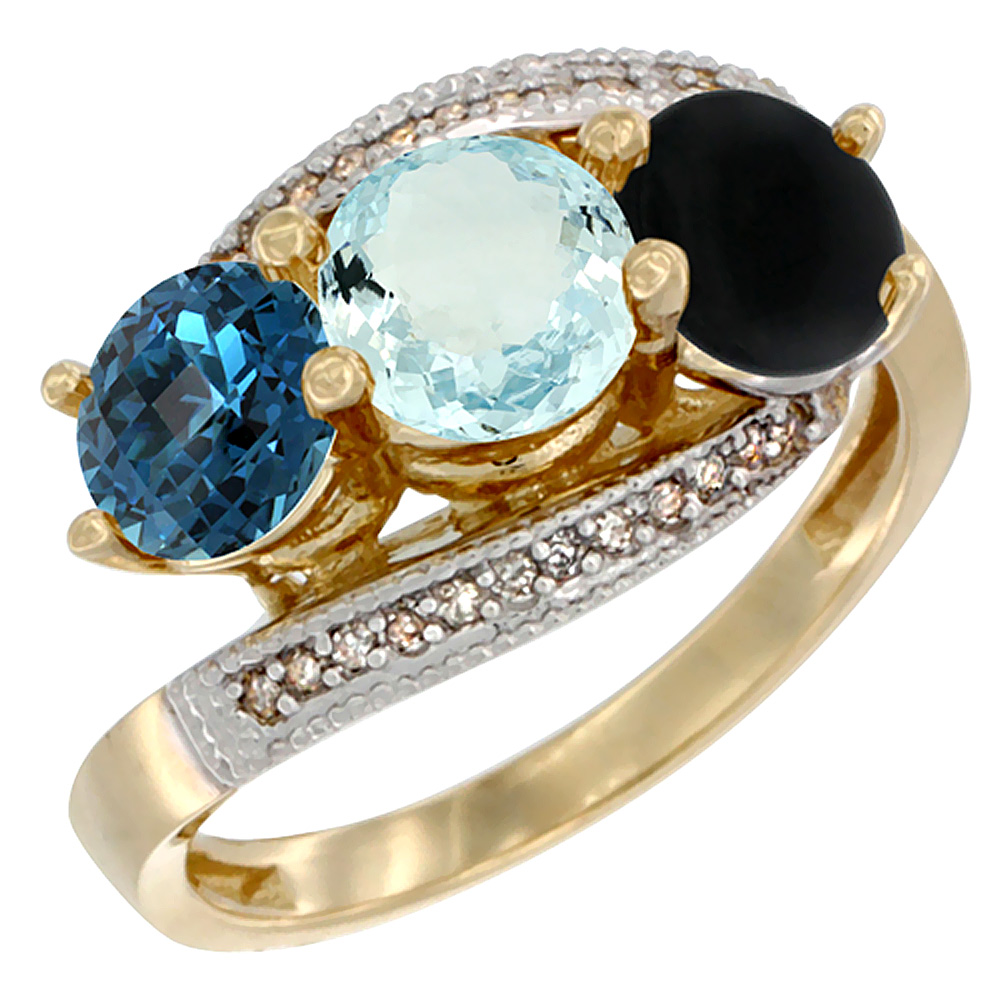 10K Yellow Gold Natural London Blue Topaz, Aquamarine & Black Onyx 3 stone Ring Round 6mm Diamond Accent, sizes 5 - 10