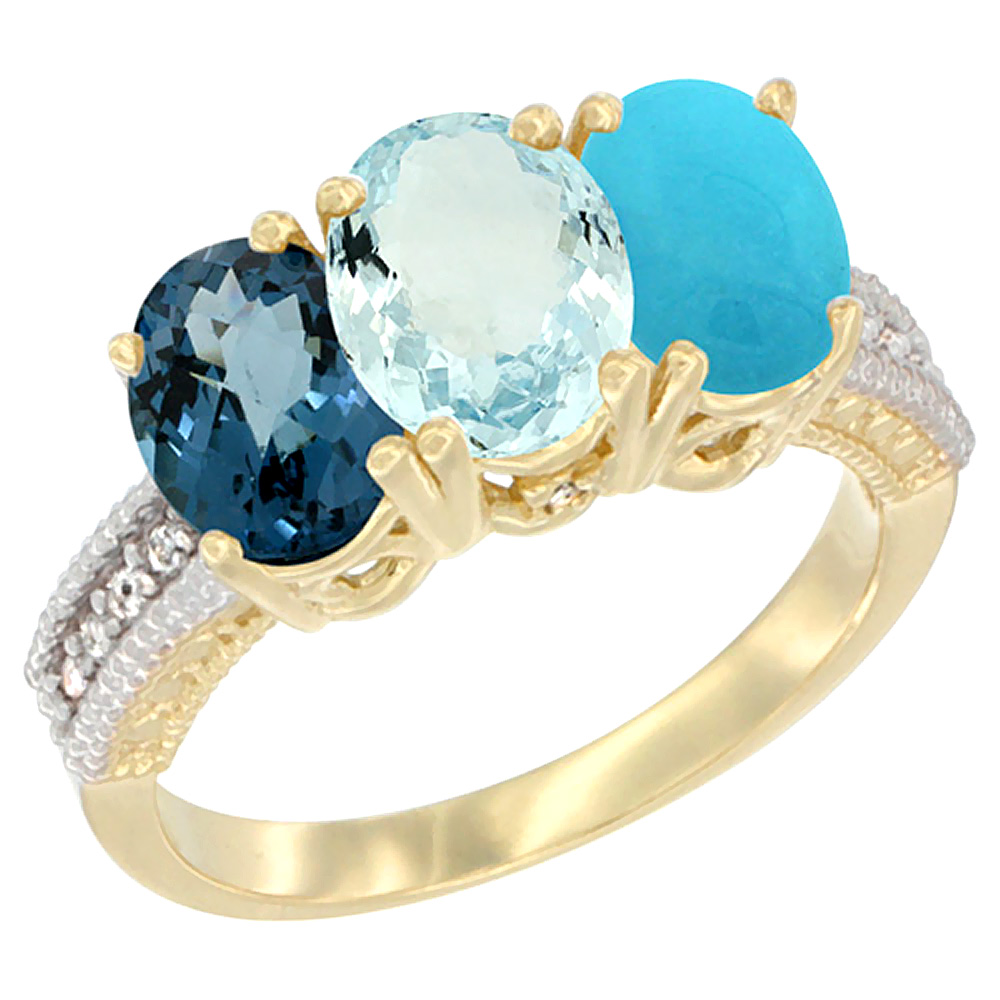 14K Yellow Gold Natural London Blue Topaz, Aquamarine &amp; Turquoise Ring 3-Stone 7x5 mm Oval Diamond Accent, sizes 5 - 10