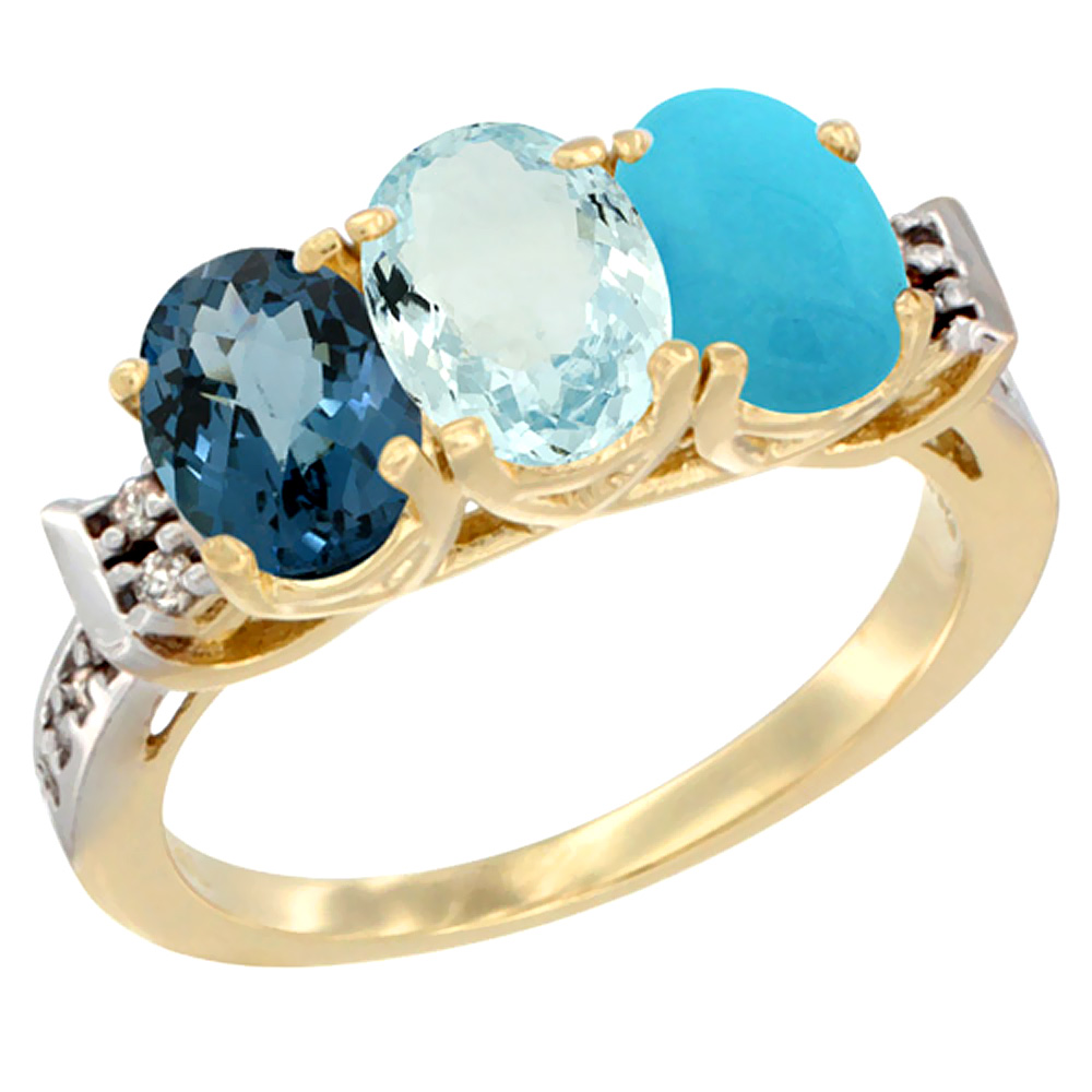 10K Yellow Gold Natural London Blue Topaz, Aquamarine & Turquoise Ring 3-Stone Oval 7x5 mm Diamond Accent, sizes 5 - 10