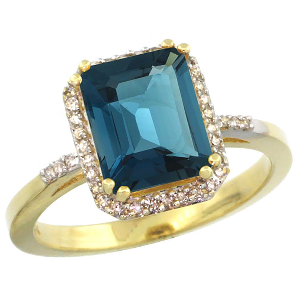 10K Yellow Gold Diamond Natural London Blue Topaz Ring Emerald-cut 9x7mm, sizes 5-10