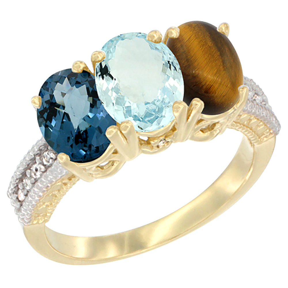 14K Yellow Gold Natural London Blue Topaz, Aquamarine &amp; Tiger Eye Ring 3-Stone 7x5 mm Oval Diamond Accent, sizes 5 - 10