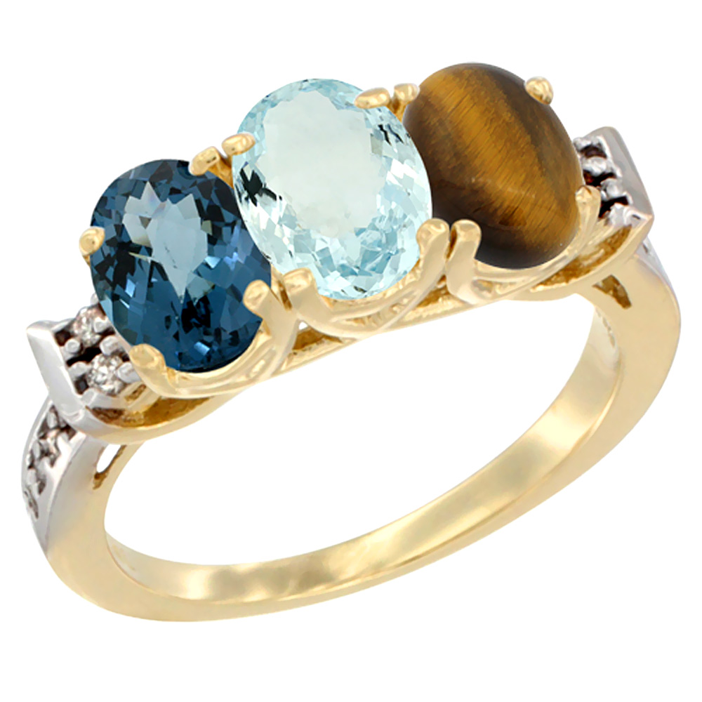 14K Yellow Gold Natural London Blue Topaz, Aquamarine & Tiger Eye Ring 3-Stone 7x5 mm Oval Diamond Accent, sizes 5 - 10