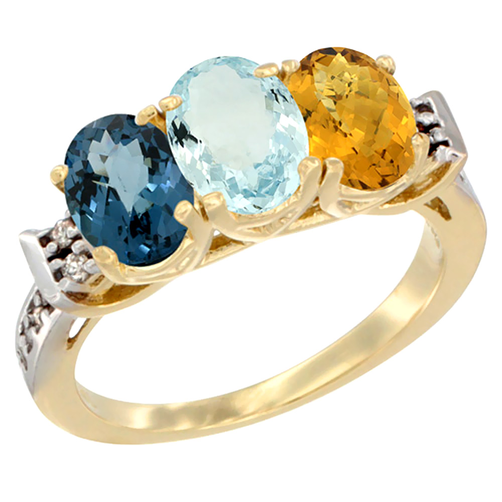 14K Yellow Gold Natural London Blue Topaz, Aquamarine & Whisky Quartz Ring 3-Stone 7x5 mm Oval Diamond Accent, sizes 5 - 10