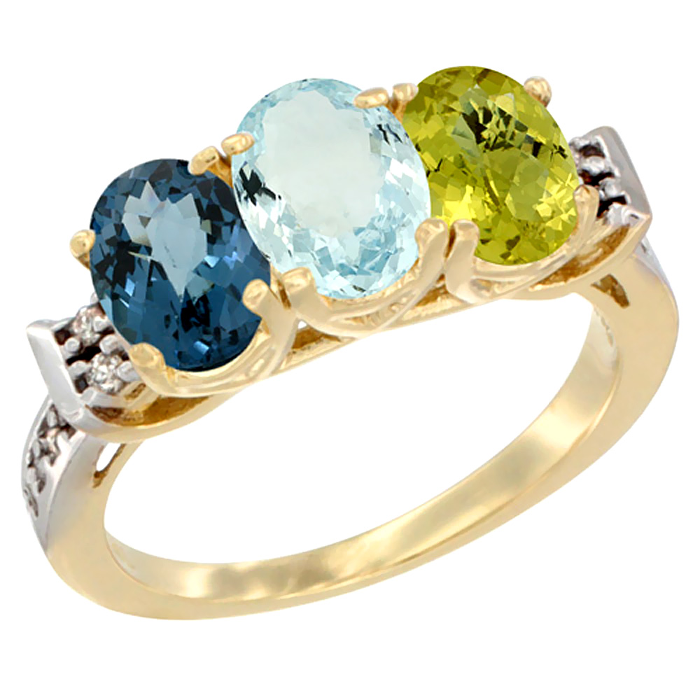 10K Yellow Gold Natural London Blue Topaz, Aquamarine & Lemon Quartz Ring 3-Stone Oval 7x5 mm Diamond Accent, sizes 5 - 10