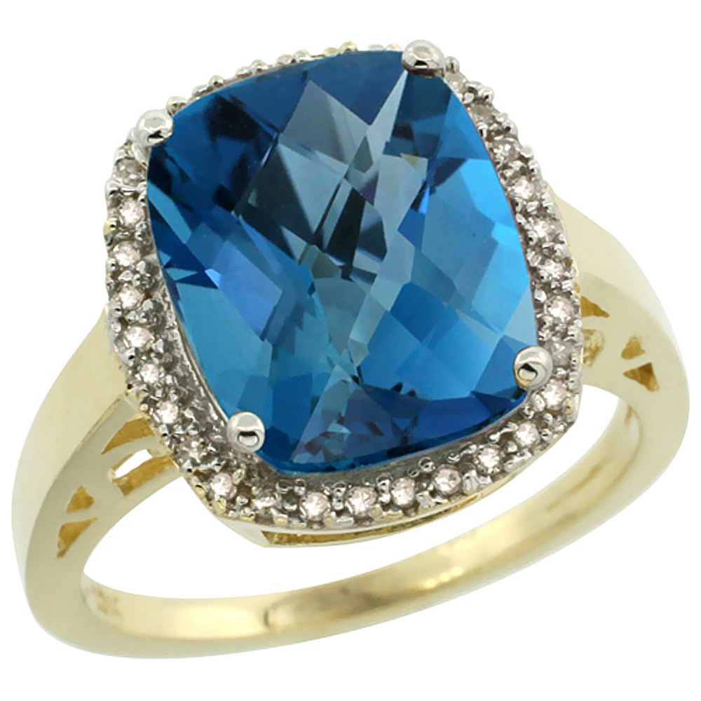 10K Yellow Gold Diamond Natural London Blue Topaz Ring Cushion-cut 12x10mm, sizes 5-10